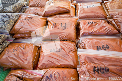 Image of Bags Ground Pepper Mild Medium Chipotle, Grocery Stand. New Mexi