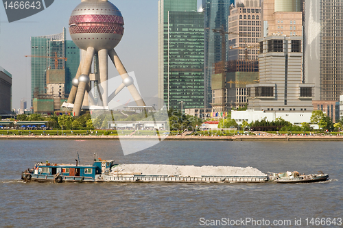 Image of Barge Huangpu River Downtown Shanghai Far Bank Pudong TV Tower