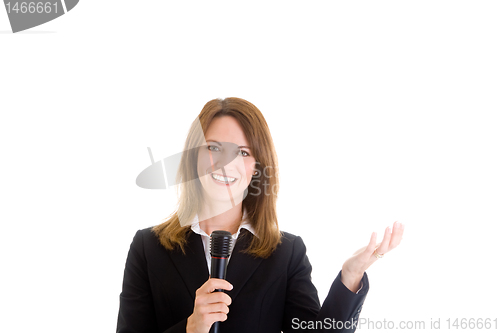 Image of Happy Caucasian Woman Holding Microphone Gesturing Isolated Whit