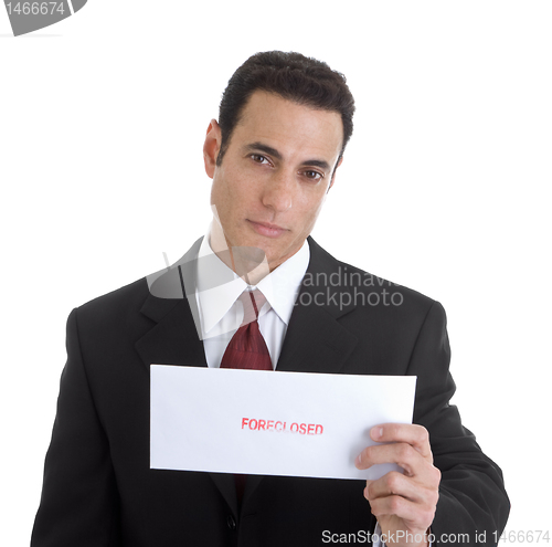 Image of Handsome Caucasian Man Holding Envelope Foreclosed Isolated on White