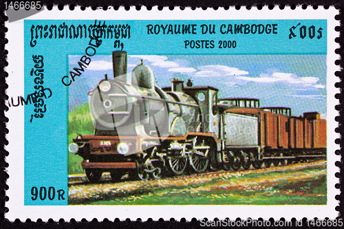 Image of Canceled Cambodian Train Postage Stamp Old Railroad Steam Engine