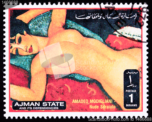 Image of Canceled Ajman Postage Stamp Painting Amadeo Modigliani Reclinin