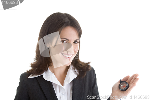 Image of Caucasian Business Woman Holding Compass and Smiling at Camera