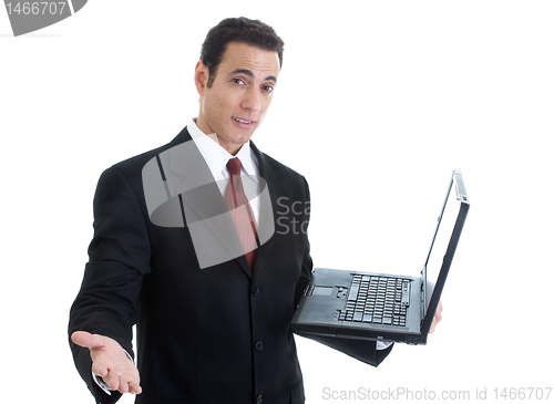 Image of Businessman Gesturing, Holding Laptop Isolated on White Backgrou