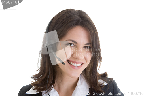 Image of Headshot Smiling Caucasian Woman Headset Microphone Isolated Whi