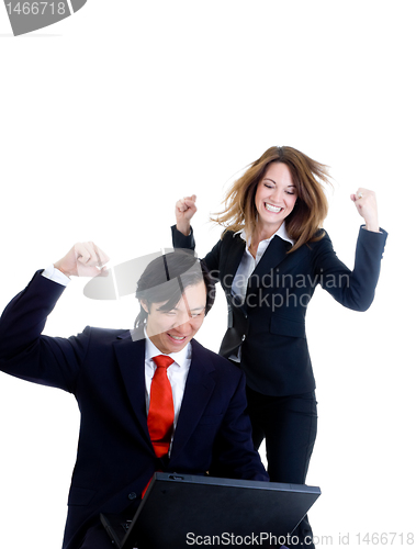 Image of Caucasian Business Woman Jumping, Asian Man Celebrating White Ba