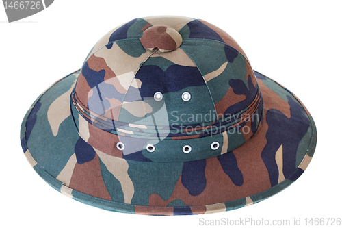 Image of Camouflage Pith Helmet Isolated White Side View