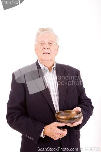 Image of Older Caucasian Man Holding Wooden Bowl, Isolated