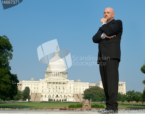 Image of Caucasian Businessman Suit Thinking US Capitol 