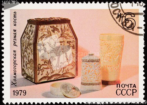 Image of Soviet Russia Postage Stamp Carved Ivory Box Cup Container