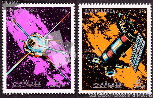 Image of Canceled North Korean Postage Stamp Space Themed Satellites Milk