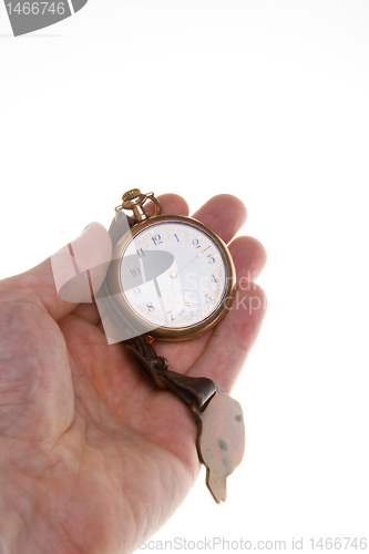 Image of Hand Old Brass Pocket Watch Isolated Background