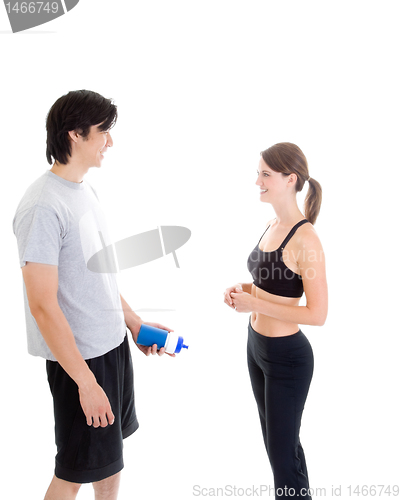 Image of Asian Man Caucasian Woman Talking Working Out Gear White Backgro