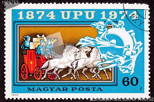 Image of Canceled Hungarian Postage Stamp Mail Delivery Stagecoach Univer
