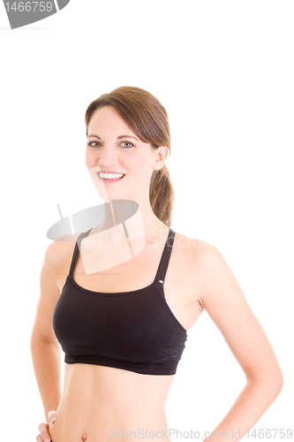 Image of Smiling Caucasian Woman in Sports Bra White Background