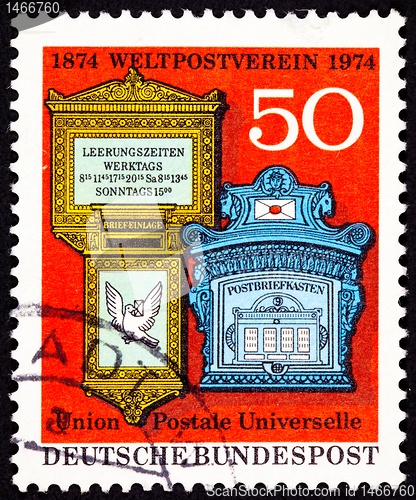 Image of Canceled West Germany Postage Stamp Ornate Traditional Mailboxes