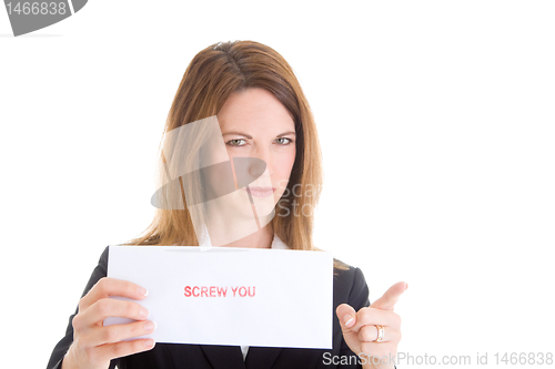 Image of Displeased Caucasian Woman Holding Sign and Pointing White Backg