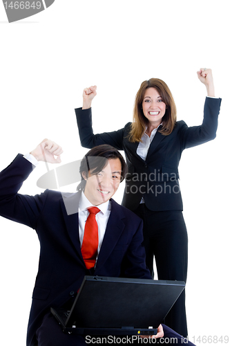 Image of Happy Business Team, Asian Man Caucasian Woman Cheering at Lapto