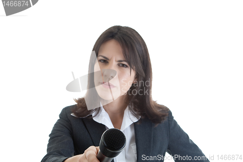 Image of Skeptical Caucasian Woman Holding Microphone White Background