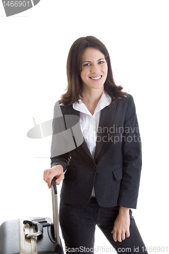 Image of Smiling Caucasian Woman with Suitcase Traveler Isolated White Ba