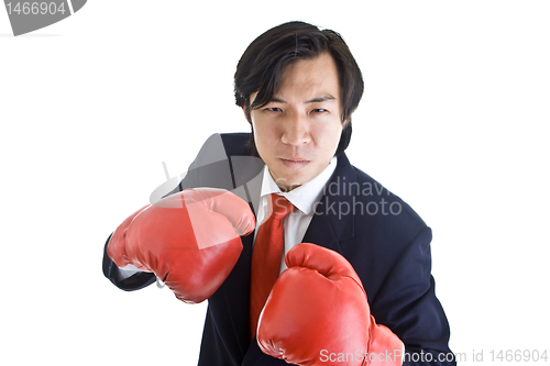 Image of Angry Asian Man Boxing Gloves Ready to Punch Camera  Isolated