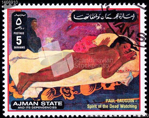 Image of Canceled Ajman Postage Stamp Painting Gauguin Spirit Dead Watchi