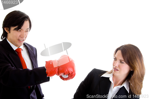 Image of Asian Man Punching at Ducking White Woman Isolated Background