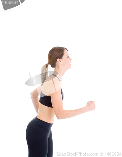 Image of Slender Caucasian Woman Running on White Background