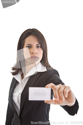 Image of Smiling Caucasian Businesswoman Holding Business Card Isolated W