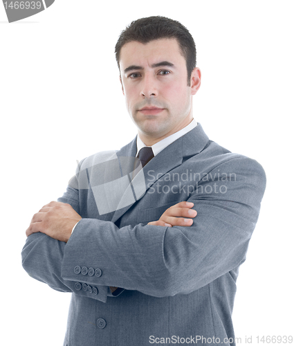 Image of Serious Caucasian Hispanic Man Arms Crossed Isolated White Backg