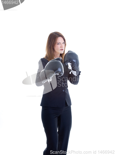 Image of Caucasian Woman Suit Boxing Gloves Isolated White Background