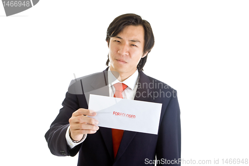 Image of Angry Asian Man Suit Holding Foreclosure Notice White Background