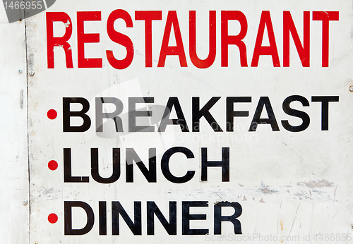 Image of Old Grungy Dirty Metal Restaurant Sign, Breakfast, Lunch Dinner 