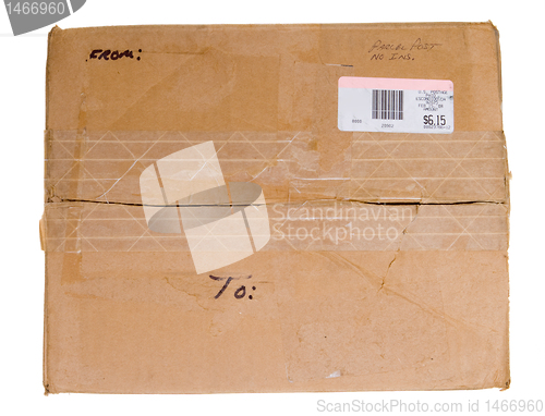 Image of Grungy Old Cardboard Box To From Metered Isolated