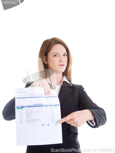 Image of Caucasian Woman Pointing at Past Due Medical Bill Isolated White