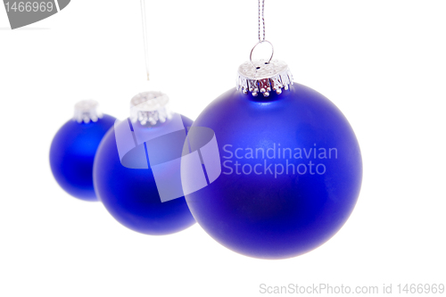 Image of Row Close Up Blue Christmas Balls Hanging Isolated