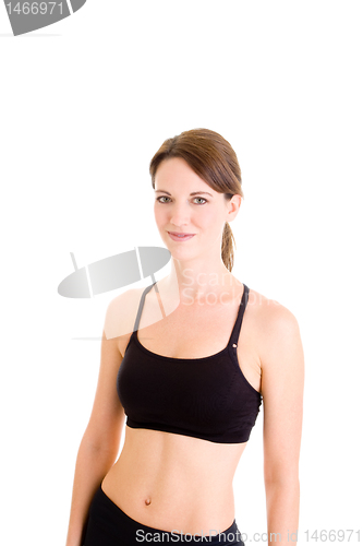 Image of Smiling Slender Caucasian Woman Sports Bra Isolated White Backgr