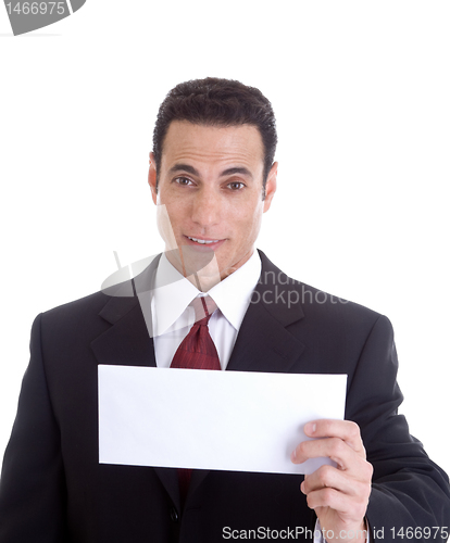 Image of Surprised Caucasian Business Man Holding Blank Envelope, Isolate