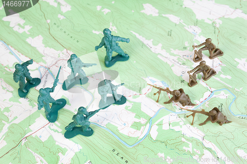 Image of Plastic Army Men Fighting on Topographic Map General's View