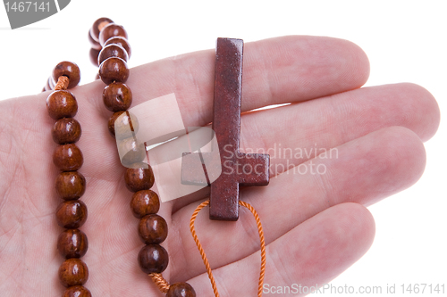 Image of Hand Holding a Wooden Rosary Cross Isolated