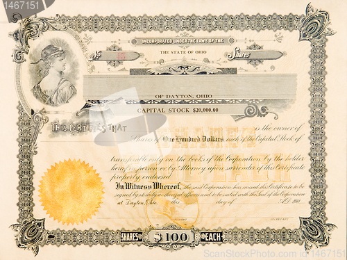 Image of Old Stock Certificate Ohio USA Woman Star Vignette