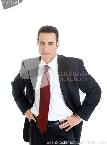 Image of Confident Caucasian Businessman Hands on Hips, Suit, Isolated Wh