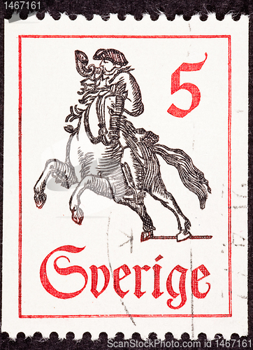 Image of Swedish Postage Stamp Horseback Mail Delivery, Rider Blowing Pos