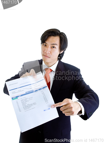 Image of Asian Man Pointing Past Due Medical Bill, Isolated