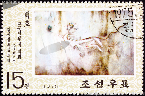 Image of North Korean Postage Stamp White Tiger Cave Painting Goguryeo Ko