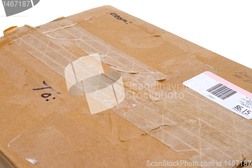 Image of Grungy Old Cardboard Box To From Metered Isolated