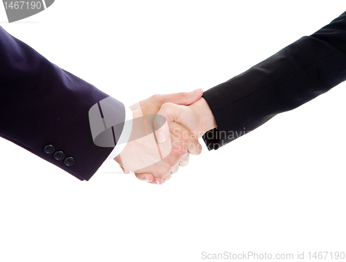 Image of Male Female Hands Shaking Suit Sleeves Isolated