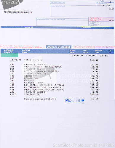 Image of Medical Bill CT Scan Marked "Past Due" Health Care