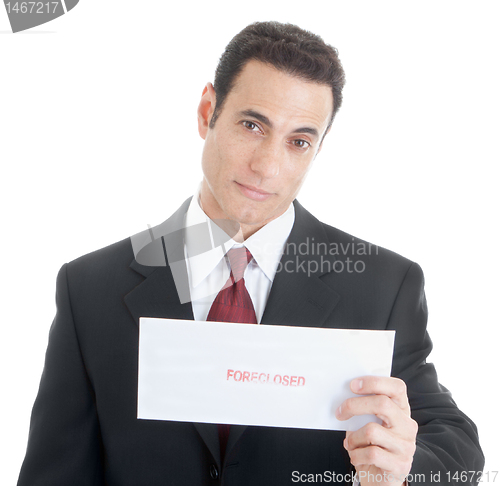 Image of Sincere Caucasian Man Looking at Camera Holding Envelope, Isolat