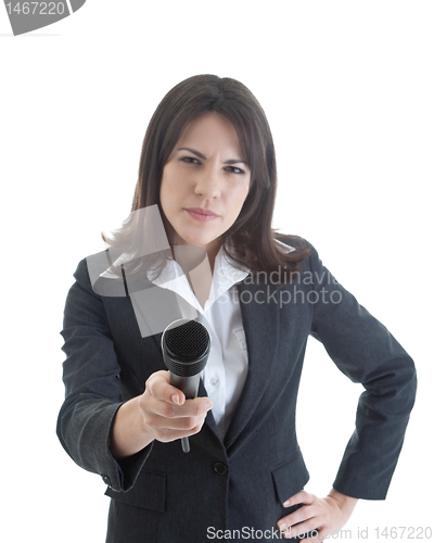 Image of Skeptical Woman Holding Microphone Isolated White